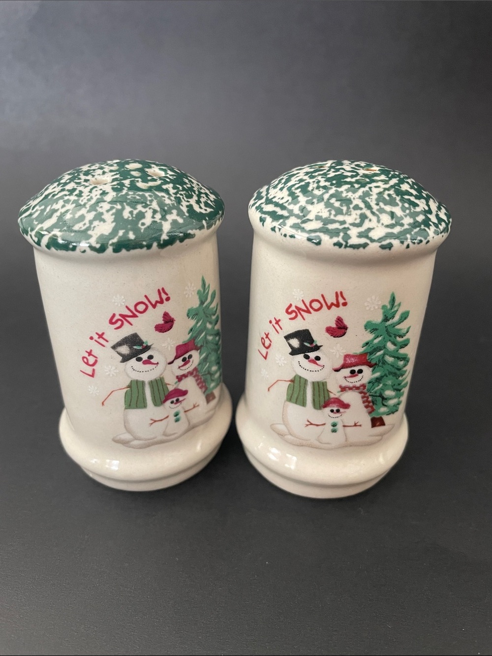 Holiday Snowman 'Let It Snow' Cute Ceramic Salt & Pepper Shakers - Green Snowcap